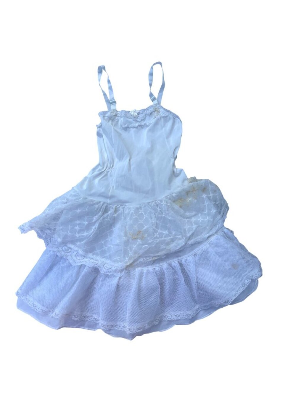 Vintage White Lace Dress With Adjustable Straps & Tiered Skirt Womens Size S 21x